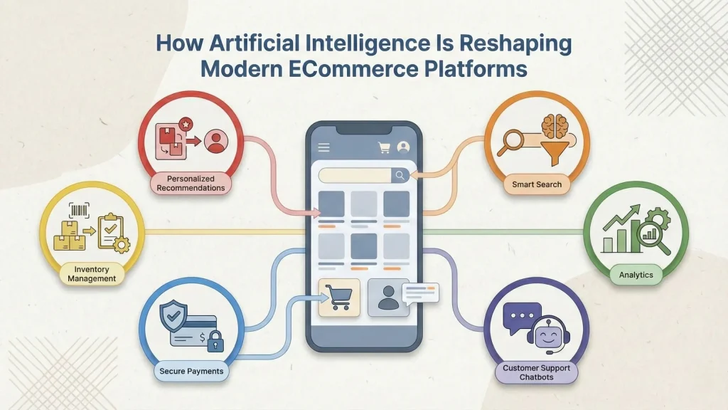 Infographic showing how AI enhances eCommerce, with a smartphone at the center connected to icons for personalized recommendations, smart search, analytics, chatbots, secure payments, and inventory management.