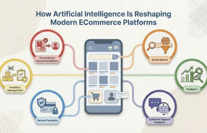 How Artificial Intelligence Is Reshaping Modern ECommerce Platforms Infographic showing how AI enhances eCommerce, with a smartphone at the center connected to icons for personalized recommendations, smart search, analytics, chatbots, secure payments, and inventory management.
