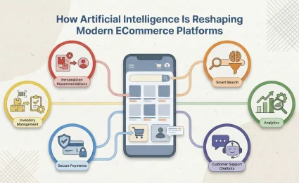 How Artificial Intelligence Is Reshaping Modern ECommerce Platforms Infographic showing how AI enhances eCommerce, with a smartphone at the center connected to icons for personalized recommendations, smart search, analytics, chatbots, secure payments, and inventory management.