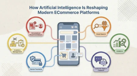 Infographic showing how AI enhances eCommerce, with a smartphone at the center connected to icons for personalized recommendations, smart search, analytics, chatbots, secure payments, and inventory management.