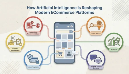 How Artificial Intelligence Is Reshaping Modern ECommerce Platforms Infographic showing how AI enhances eCommerce, with a smartphone at the center connected to icons for personalized recommendations, smart search, analytics, chatbots, secure payments, and inventory management.