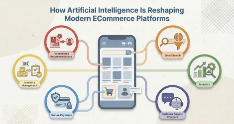 Infographic showing how AI enhances eCommerce, with a smartphone at the center connected to icons for personalized recommendations, smart search, analytics, chatbots, secure payments, and inventory management.