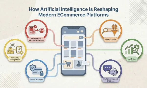 Infographic showing how AI enhances eCommerce, with a smartphone at the center connected to icons for personalized recommendations, smart search, analytics, chatbots, secure payments, and inventory management.