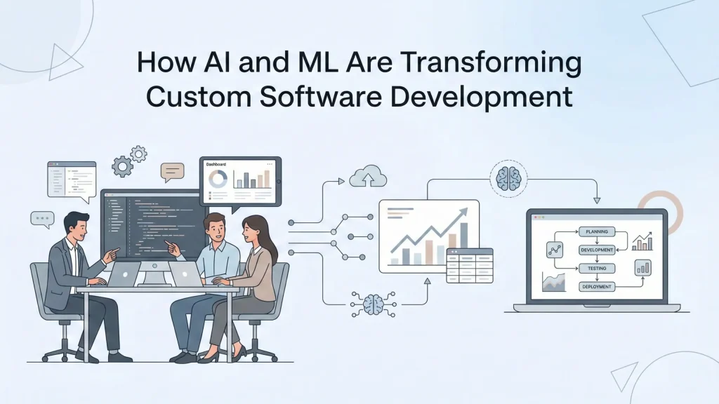 Simple illustration of a team working on custom software development using AI and machine learning, showing data analytics, automation workflows, and software development lifecycle.