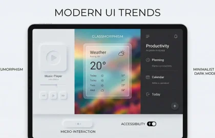 Infographic Demonstrating Modern UI Design Trends on a Tablet Screen Infographic on a tablet showcasing modern UI trends, including neumorphism, glassmorphism, minimalist dark mode, micro-interactions, and accessibility features.