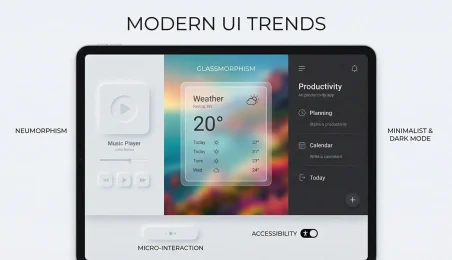 Infographic Demonstrating Modern UI Design Trends on a Tablet Screen Infographic on a tablet showcasing modern UI trends, including neumorphism, glassmorphism, minimalist dark mode, micro-interactions, and accessibility features.