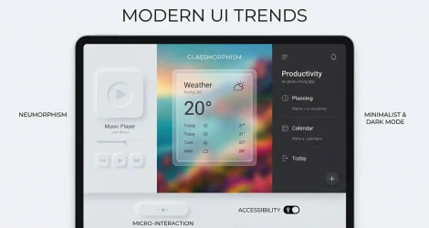 Infographic on a tablet showcasing modern UI trends, including neumorphism, glassmorphism, minimalist dark mode, micro-interactions, and accessibility features.