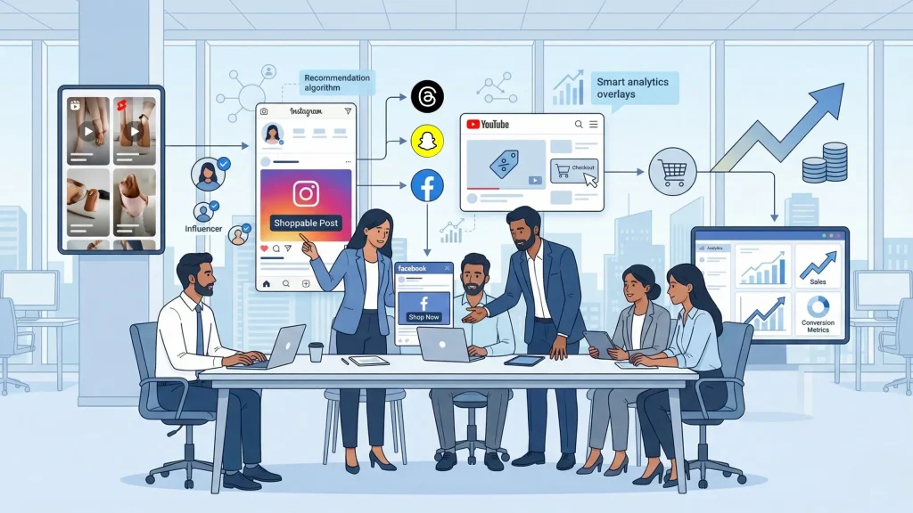 Illustration showing a digital marketing team using social media marketing services, shoppable posts, influencer marketing, AI analytics, and social commerce platforms to drive e-commerce growth.