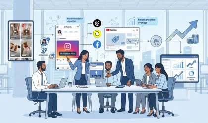 Illustration showing a digital marketing team using social media marketing services, shoppable posts, influencer marketing, AI analytics, and social commerce platforms to drive e-commerce growth.