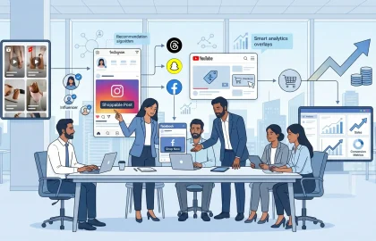 How Social Media Marketing Services Drive E-Commerce Growth Illustration showing a digital marketing team using social media marketing services, shoppable posts, influencer marketing, AI analytics, and social commerce platforms to drive e-commerce growth.