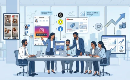 How Social Media Marketing Services Drive E-Commerce Growth Illustration showing a digital marketing team using social media marketing services, shoppable posts, influencer marketing, AI analytics, and social commerce platforms to drive e-commerce growth.