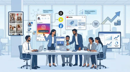 Illustration showing a digital marketing team using social media marketing services, shoppable posts, influencer marketing, AI analytics, and social commerce platforms to drive e-commerce growth.