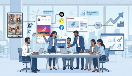 How Social Media Marketing Services Drive E-Commerce Growth Illustration showing a digital marketing team using social media marketing services, shoppable posts, influencer marketing, AI analytics, and social commerce platforms to drive e-commerce growth.