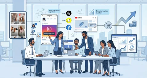 Illustration showing a digital marketing team using social media marketing services, shoppable posts, influencer marketing, AI analytics, and social commerce platforms to drive e-commerce growth.