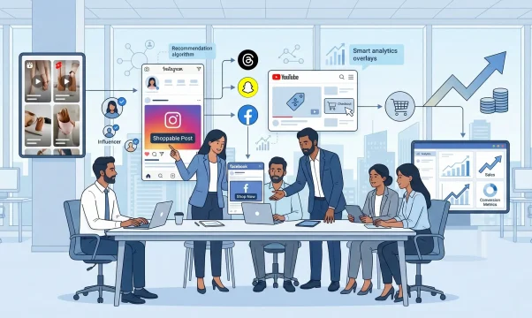 Illustration showing a digital marketing team using social media marketing services, shoppable posts, influencer marketing, AI analytics, and social commerce platforms to drive e-commerce growth.