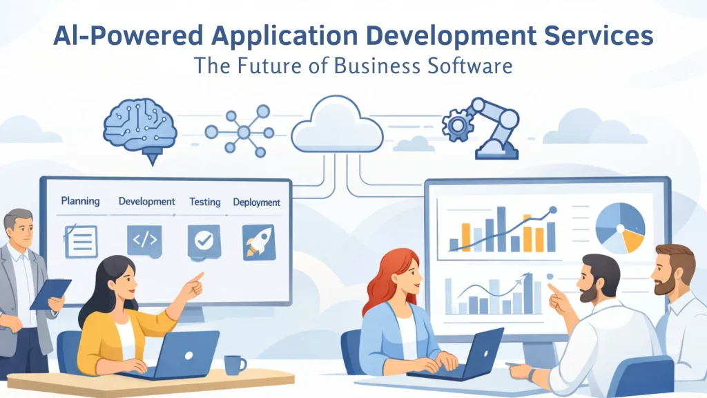 AI-powered application development team with screens showing software lifecycle and data charts.